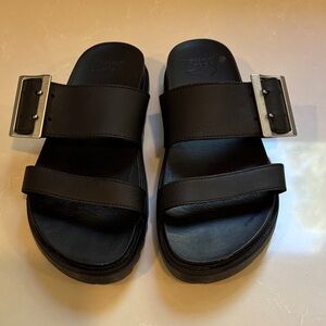 Black Leather Slide Sandals with Silver Buckle